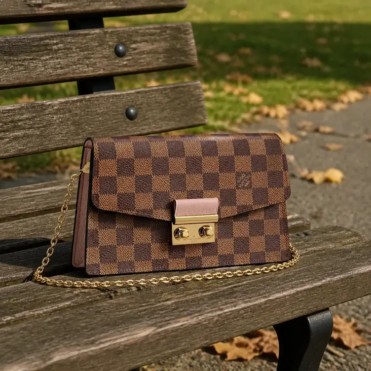 Damier Ebene Croisette Chain Wallet-Pink N60287 photo review