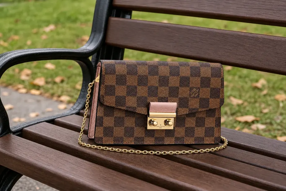 Damier Ebene Croisette Chain Wallet-Pink N60287 photo review